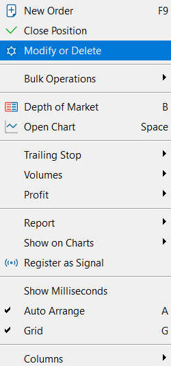 change the stop levels of a position