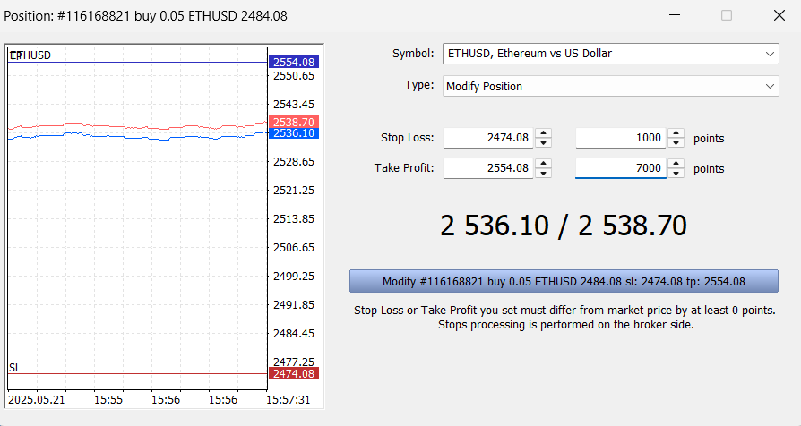 entering values directly in the Stop Loss and Take Profit fields